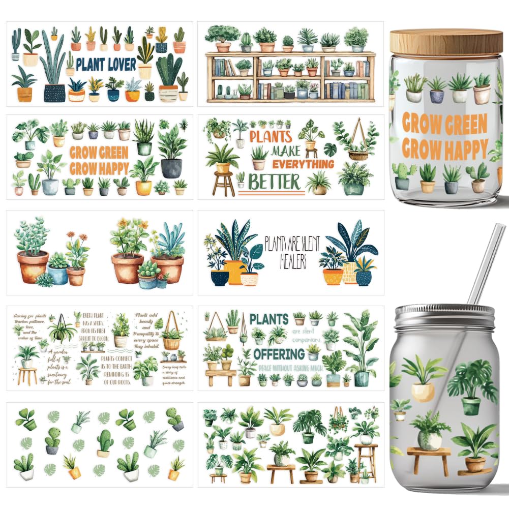 arricraft 10 Sheets UV DTF Cup Wrap，10 Styles Potted Plants Plant Lovers Rub on Transfers PVC Transfer Stickers Waterproof Rub Decals for DIY 16OZ Glass Cups Furniture Wood