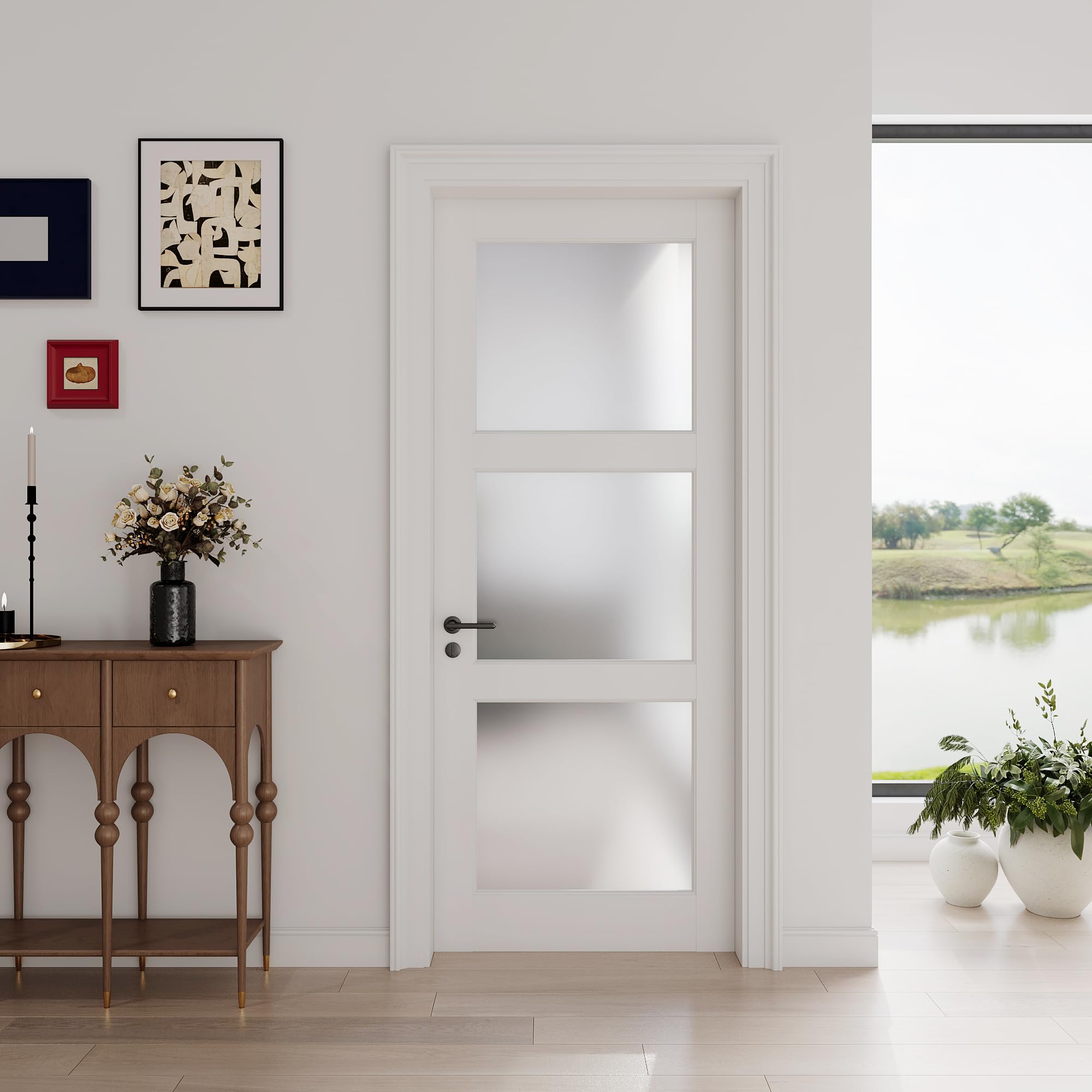 Photo 1 of ****VIEW NOTES****28"x 80" 3-Lite Frosted Glass French Interior Slab Door, Pre-Assembled Solid Wood Panel for Bedroom Closet Laundry Pantry Bathroom White Pre-Finished Surface Paintable, w/o Hardware