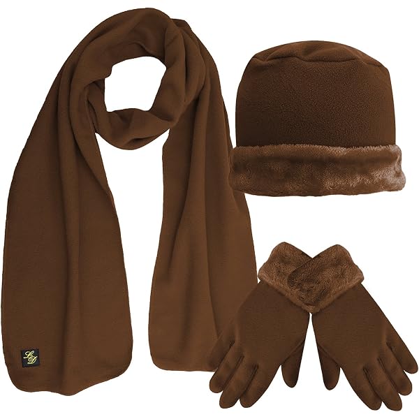 Brown Faux Fur Trim Fleece 3 Piece Hat Scarf & Glove Set at  display picture 1