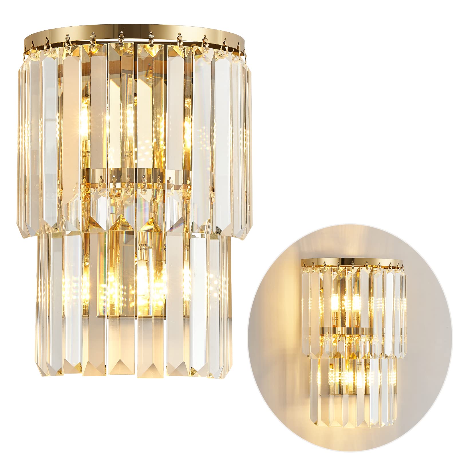 Photo 1 of Siljoy 2-Lights Modern Crystal Wall Light, 2-Tiers Crystal Bedside Wall Mount Lighting Fixture, Mirror Gold Stainless Steel K9 Crystal Wall Sconce for Bedroom Living Room Hallway H10'' x L8''