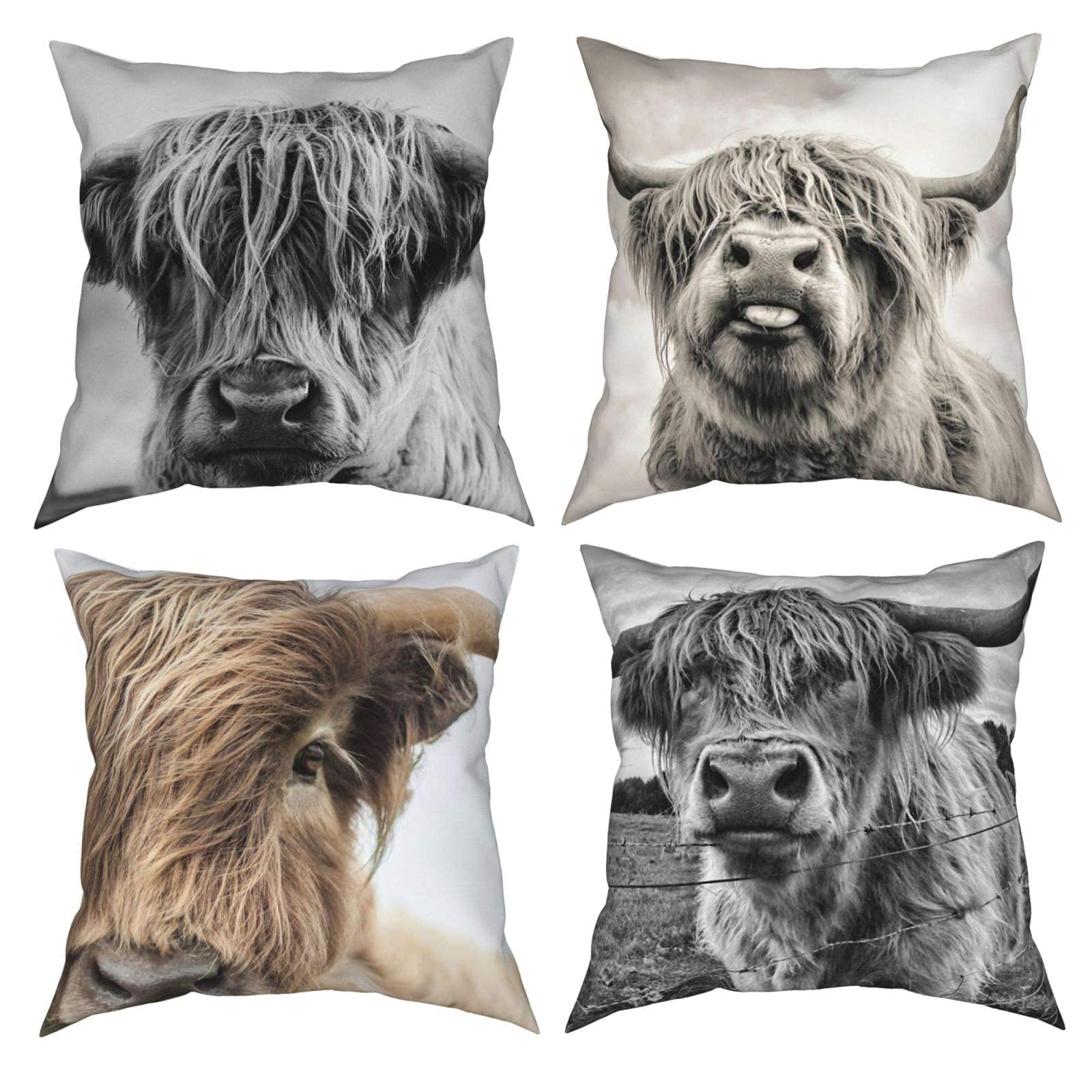 NA- Highland Cow 4 Pcs Cushion Covers,Throw Pillows Decor for Home Couch Car Bedroom Sofa,Cushion Covers,18x18 Inch