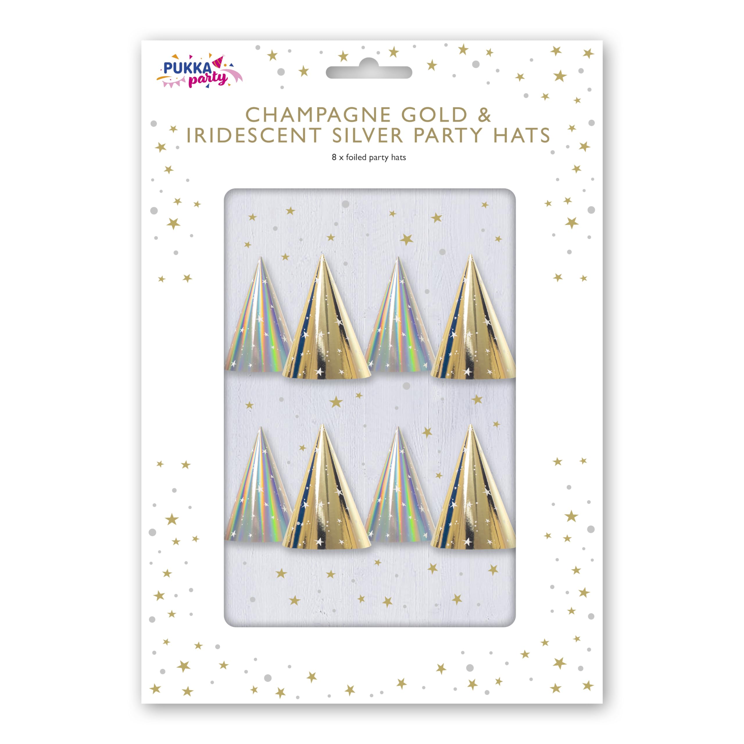 PUKKA party Foil Party Hats for Birthdays, Christmas, New Years, and Special Occasions – Pack of 8 Reusable Hats in Silver & Champagne Gold with Adjustable Elastic, Made from Strong Card – 10.5 x 15cm