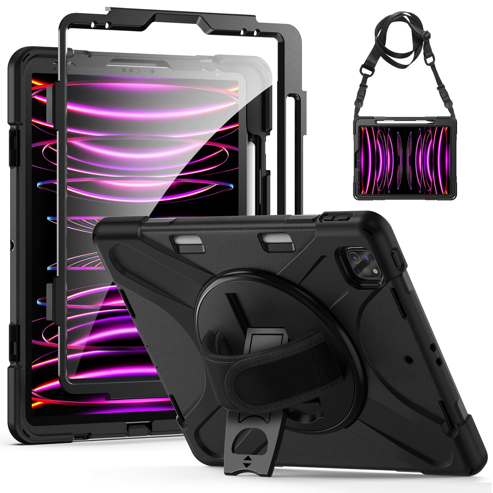 Gerutek Case for iPad Pro 12.9 with Screen Protector, iPad Pro 6th/5th/4th/3rd Gen 12.9 Case Shockproof Rugged Cover with 360° Rotating Stand & Hand/Shoulder Strap,Pen Holder for iPad 12.9 Pro, Black