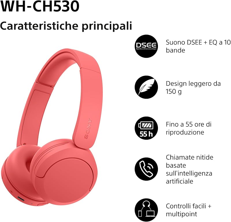 WH-CH530 Cuffie Bluetooth Wireless - Rosso corallo esclusivo Amazon