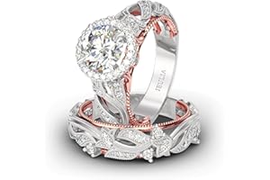 Jeulia 4 Carat Openwork Ring Sets for Women 925 Sterling Silver Wedding Sets Rose Gold Round Cut Halo Engagement Ring White Diamond band CZ Solitaire Anniversary Promise Rings