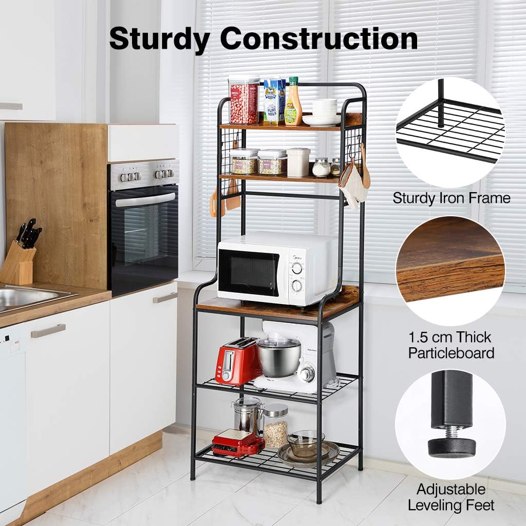 LANGRIA 5-Tier Baker’s Rack Industrial Microwave Oven Stand with Mesh Panels, 5 Shelves, 4 S-Hooks, for Spice Rack Organizer Workstation, Kitchen Utility Cart Storage Shelf Organizer, Rustic Brown - Standing Baker's Racks