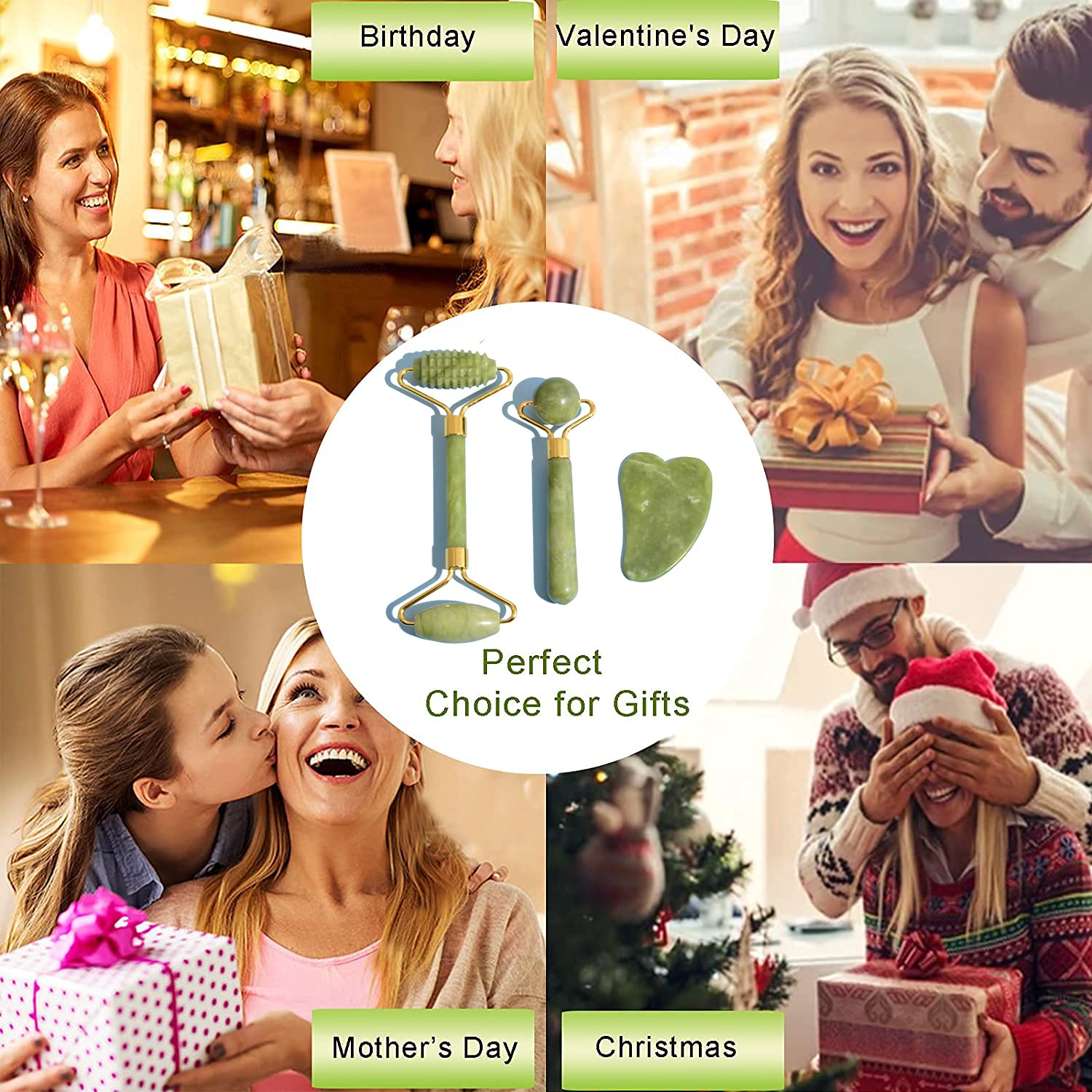 WOBOX 3Pcs Guasha Scraping Massage Tool Set Jade Stone Guasha Board, Used for Face, Neck, Arms, Shoulders, Legs Body Care/Boost Radiance of Complexion,for Valentine’s Day, Birthday, Christmas Gift