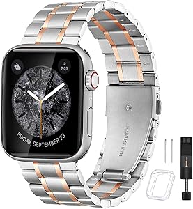 Bestig Compatible for Apple Watch Band 42mm 44mm Premium Solid Stainless Steel Metal Replacement Adjustable Sport Wristband Bracelet Strap for iWatch Series 6 SE 5 4 3 2 1 (Matte Silver/Polished Rose Gold)