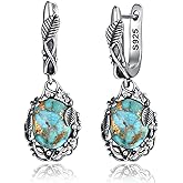 Phyonio Teal/Blue/Purple Oval Turquoise Dangle Earrings for Women Leaf Vine Flower Latch Back 925 Sterling Silver Earring Vintage Oxidised Boho Turquoise Jewelry Valentines Day Gift for Her