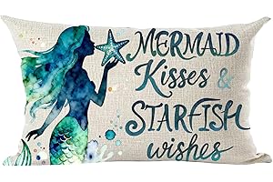 Ramirar Watercolor Blue Green Mermaid Kisses & Starfish Wishes Summer Decorative Lumbar Throw Pillow Cover Case Home Living R