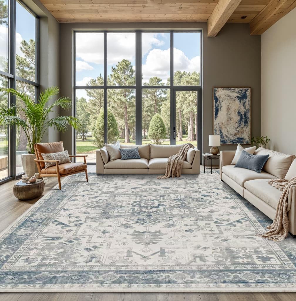 Photo 1 of Rugxara 9x12 Extra Large Washable Area Rug, Soft Neutral Vintage Boho Rug for Living Room, Bedroom, Office, Farmhouse, Low Pile Imitation Wool Non Slip Carpet Ideal for High-Traffic Areas, Blue Grey