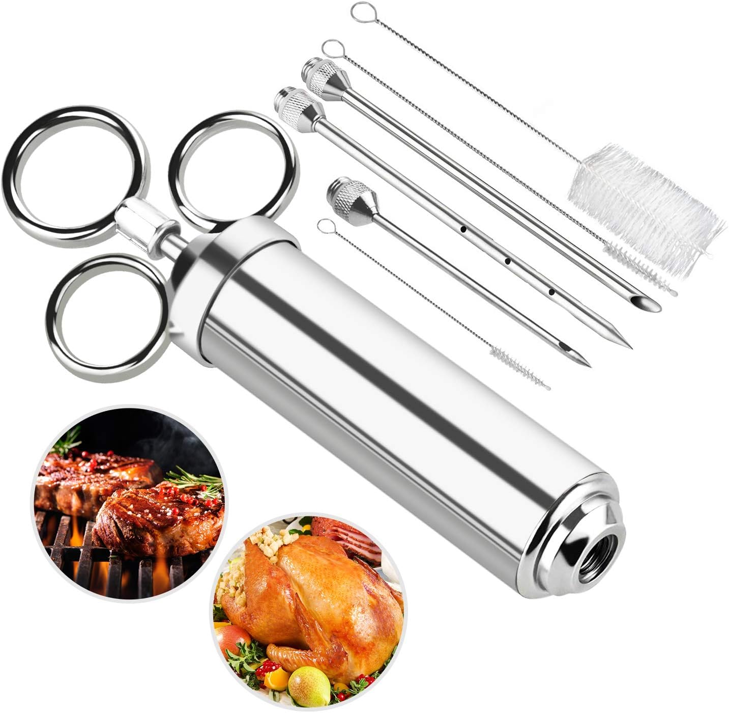 Ratel BBQ Frying Syringe 60ml with 3 needles, stainless steel syringe 304 spice syringe spice syringe kitchen gadgets for BBQ meat beef chicken pastry with jam, FDA certification.