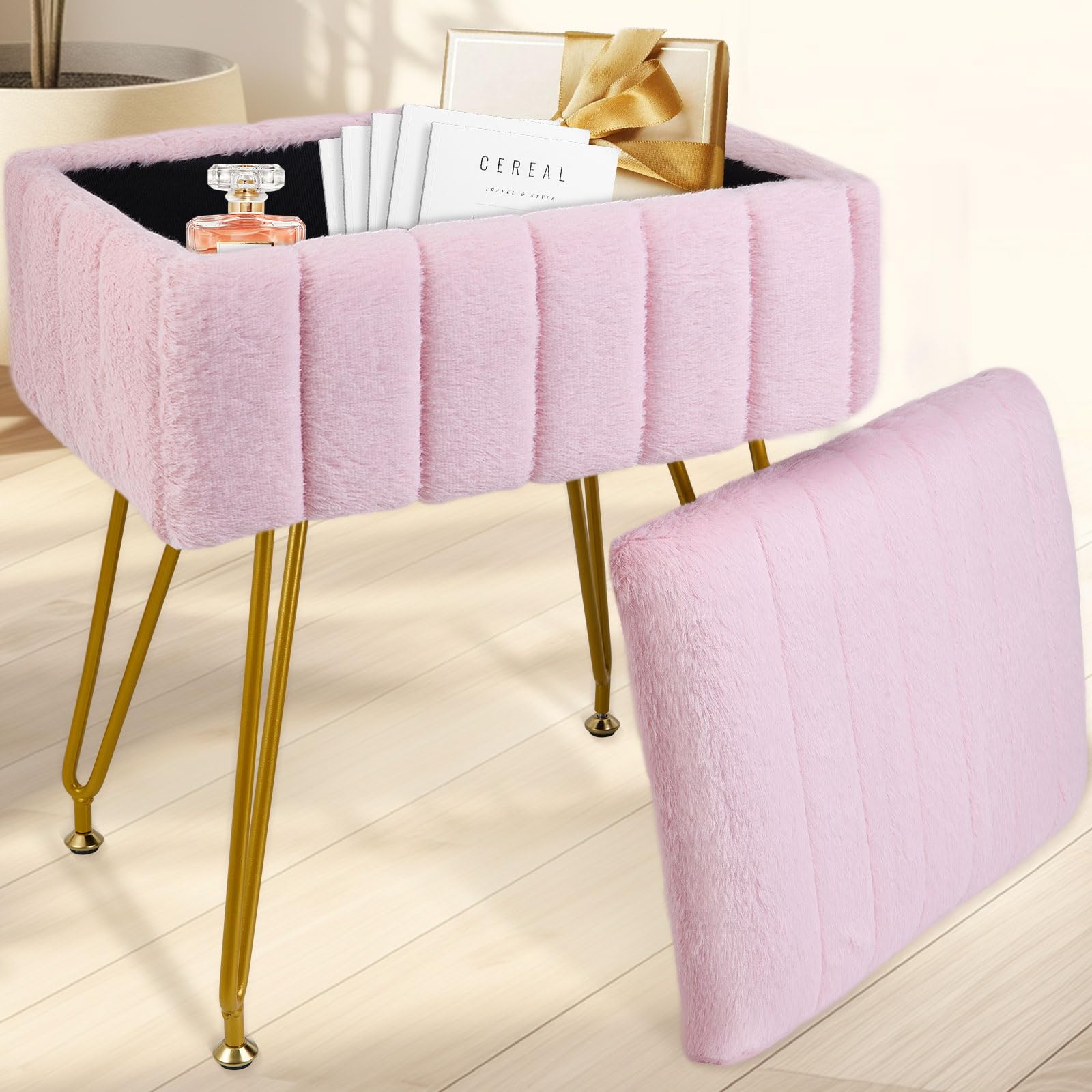 Photo 1 of Tavovostar Vanity Stool with Storage, Faux Fur Makeup Stool with Metal Legs, Multifunctional Furry Footrest Ottoman Chair for Living Room Bedroom,Pink