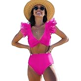 Women High Waisted Swimsuit Pleated Lace Ruffle Bikini Padded Swimwear