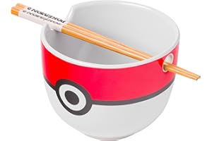 Silver Buffalo Pokemon Pokeball Ceramic Ramen Noodle Bowl with Chopsticks, Microwave Safe, 20 Ounces