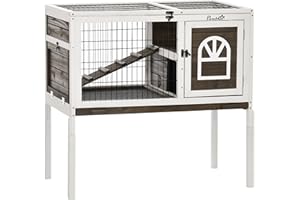 PawHut Rabbit Hutch, Elevated Indoor Bunny Cage with Run, Slide-Out Tray, Ladder, Lockable Doors, Dual-Height Rabbit House Gu