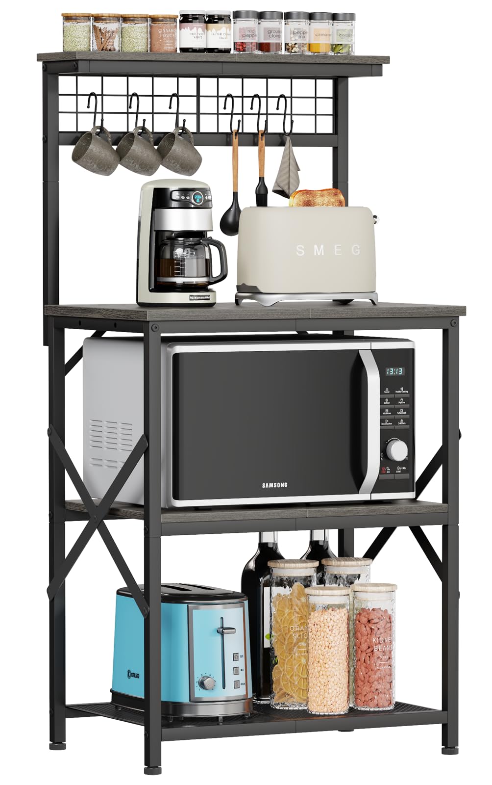 Photo 1 of Furologee Kitchen Bakers Rack, Microwave Stand with Storage 4 Tiers, Coffee Bar Station with 6 S Hooks and Pegboard, Kitchen Shelves Rack for Spices, Pots, Black Oak