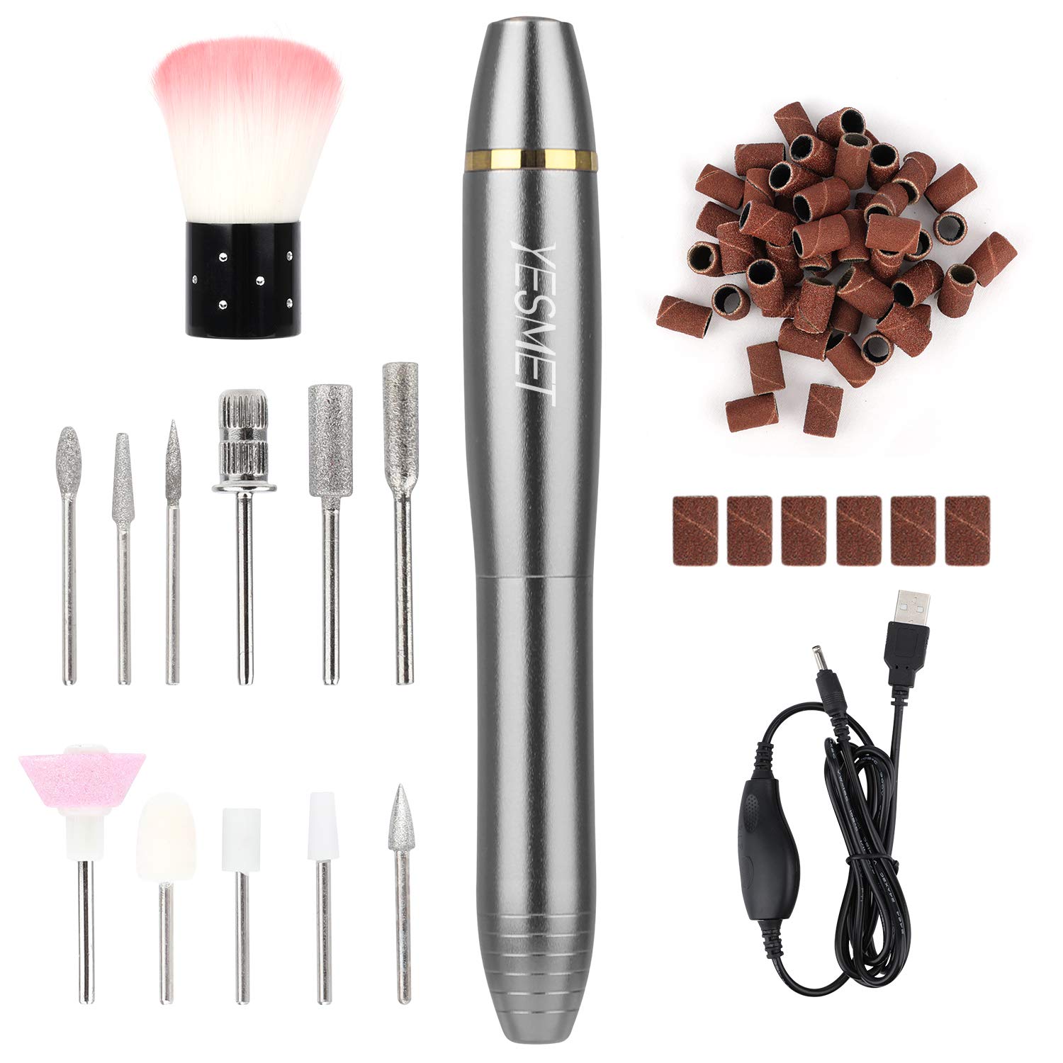 Portable Electric Nail Drill,YESMET Professional 17000RPM USB Nail Tools Set For Gel Nails,Acrylic Nail,Manicure Pedicure Tools With 11 Nail Drill Bits,Sanding Bands,Nail Brush,Home Salon Use,Grey: Beauty