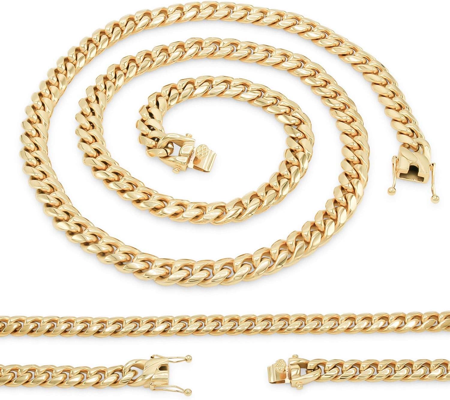 BEBERLINI Cuban Link Chain 14K Gold Plated Curb Necklace 30" Bracelet 9.5" Stainless Steel Fashion Jewelry for Men 6 mm - 18 mm