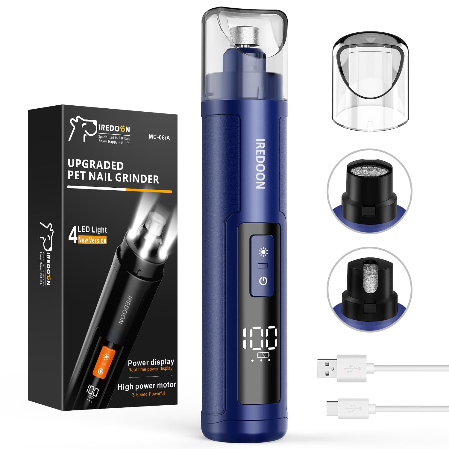 IREDOON Dog Nail Grinder Upgraded - Professional 3-Speed Super Quiet and Low Vibration Electric Pet Nail Grinder with 4 LED Lights - Painless Paws Grooming & Smoothing for Small to Large Dogs (Blue)