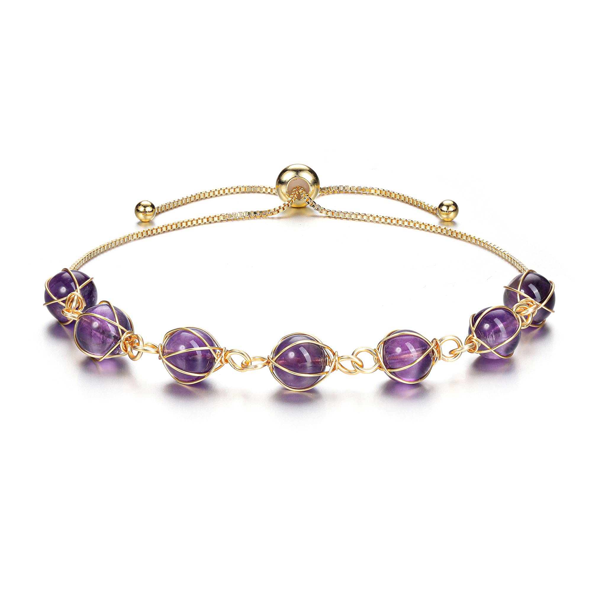 JSDDE Natural Amethyst Crystals Bracelet 14K Gold Reiki Healing Crystal Gemstone Adjustable Link Bracelets for Women Girls Gift