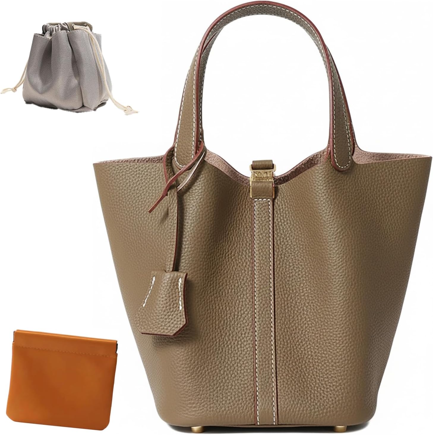 Genuine Leather Lock Design Bucket Bag Vegetable Basket, Fashionable and Versatile Satchel Handbag
