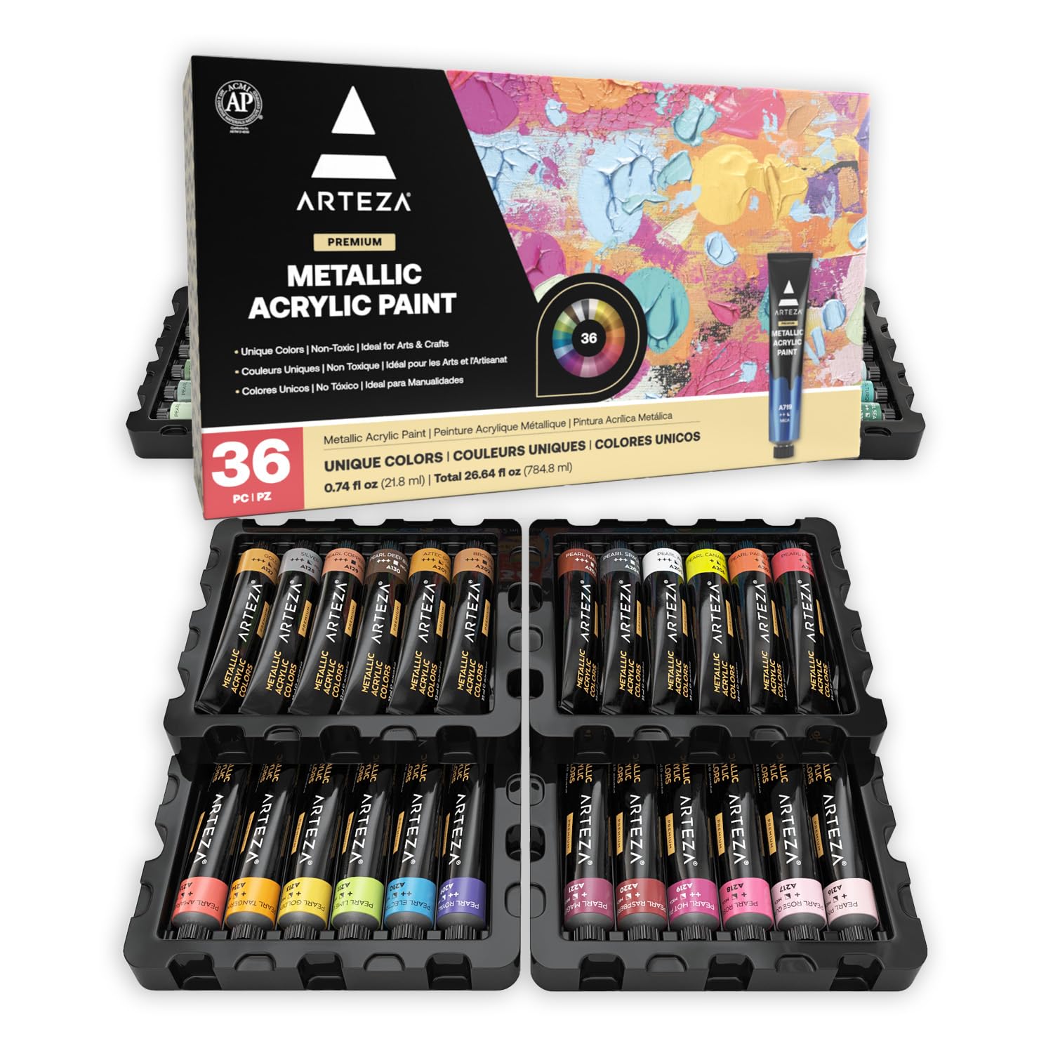 ARTEZA Metallic Acrylic Paint, Set of 36 Colours/Tubes (22 ml, 0.74 oz.) with Storage Box, Rich Pigments, Non Fading, Non Toxic Paints for Artist & Hobby Painters