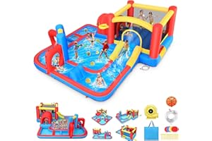 WHUBEFY Bounce House Waterslide for Kids 3-12 w/Blower, 14.3 x 14.3FT Inflatable Obstacle Course w/Jump Area, Divided Ball Pit, Slide, Obstacle, Punching Bag, Basketball Hoop & Tunnels for Indoor/Outdoor