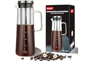 GWNF Cold Brew Coffee Maker & Ice Tea Maker, 1.4L/48oz Cold Brew Pither, Borosilicate Glass Carafe with Stainless Steel Filter, Airtight Lid, Dishwasher Safe, Easy to Use | Mannual & Brush Included