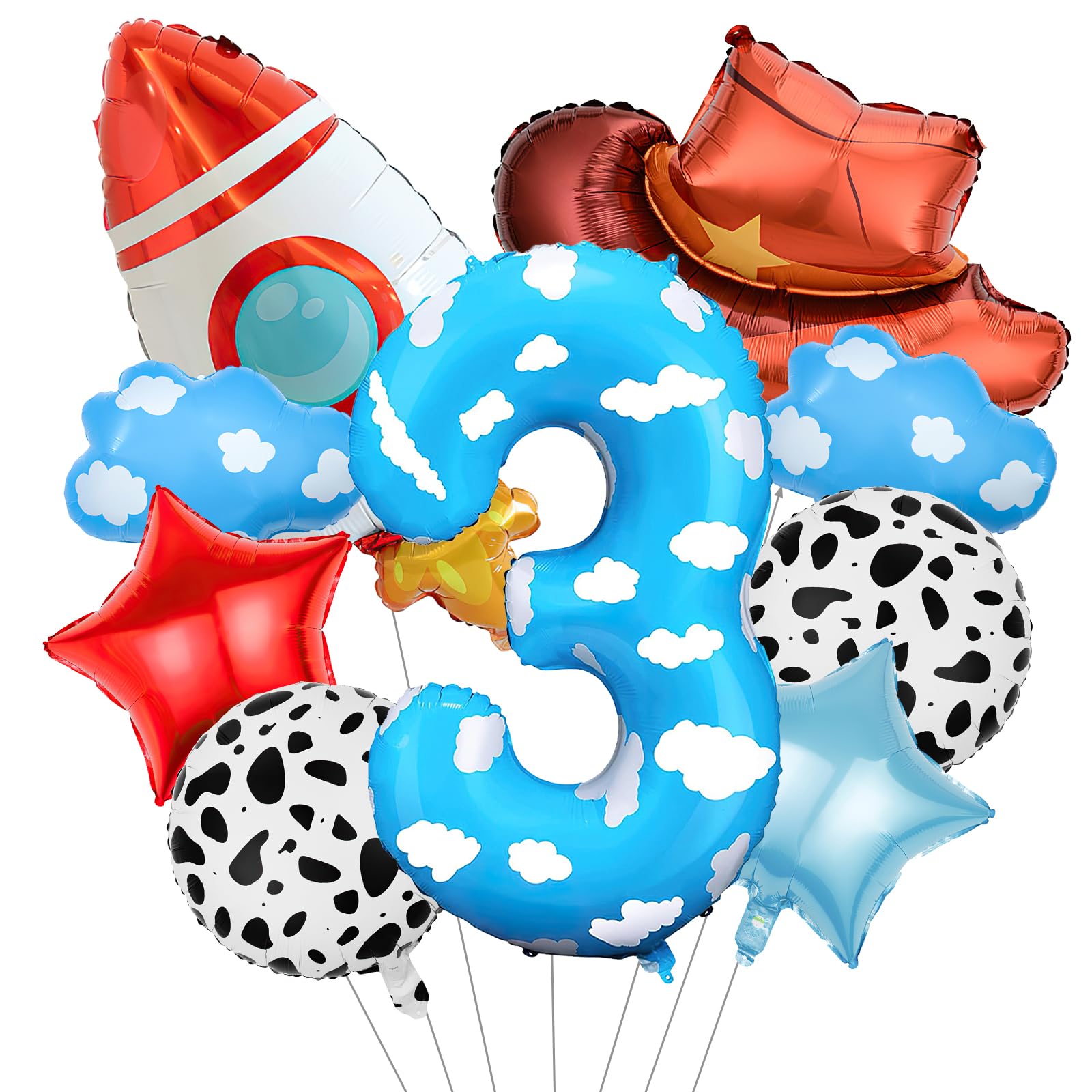 Photo 1 of Toy Themed Decorations, 9pcs Cow Print Sky Blue Cloud Balloons with Rocket Balloon and Cowboy Hat Balloon for Kids Inspired Story 3rd Birthday Party Decorations (3rd)