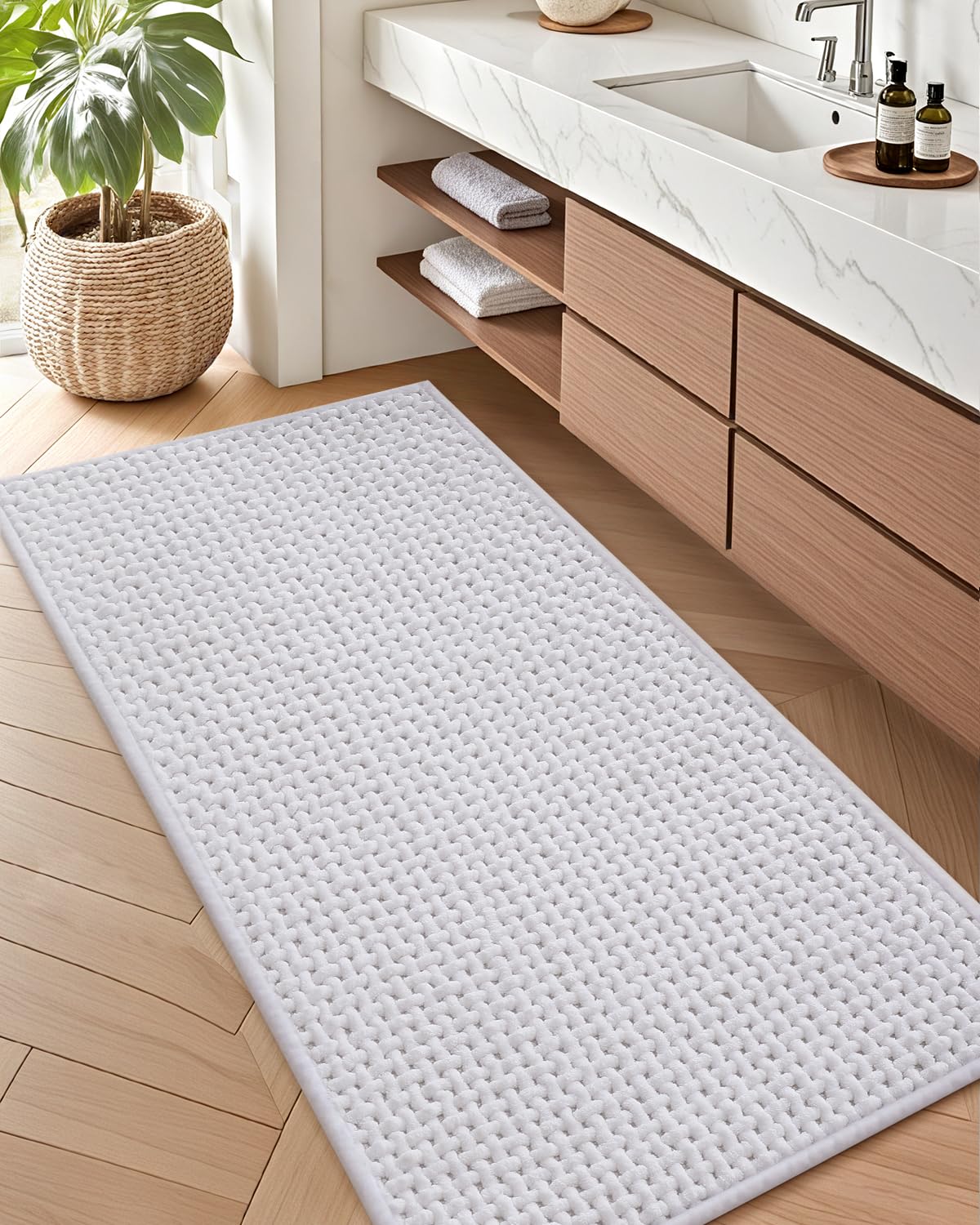 Photo 1 of Color&Geometry Ultra Soft Chenille Bathroom Rugs Non Slip Rubber Backing, Machine Washable, Super Absorbent Floor Mat for Bathroom, Bathtub, Quick Dry White Bath Mat, Long Bath Runner,17"x47"