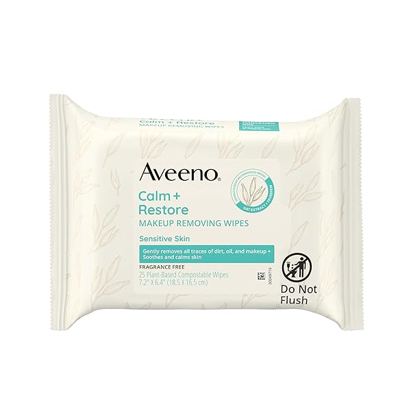 AVEENO CALM + RESTORE UNSCENTED MAKEUP REMOVER FACE WIPES, FRAGRANCE FREE FACIAL CLEANSING TOWELETTES WITH OAT EXTRACT & CALMING FEVERFEW LEAVE SKIN FEELING SOOTHED, ALCOHOL FREE, 25 CT