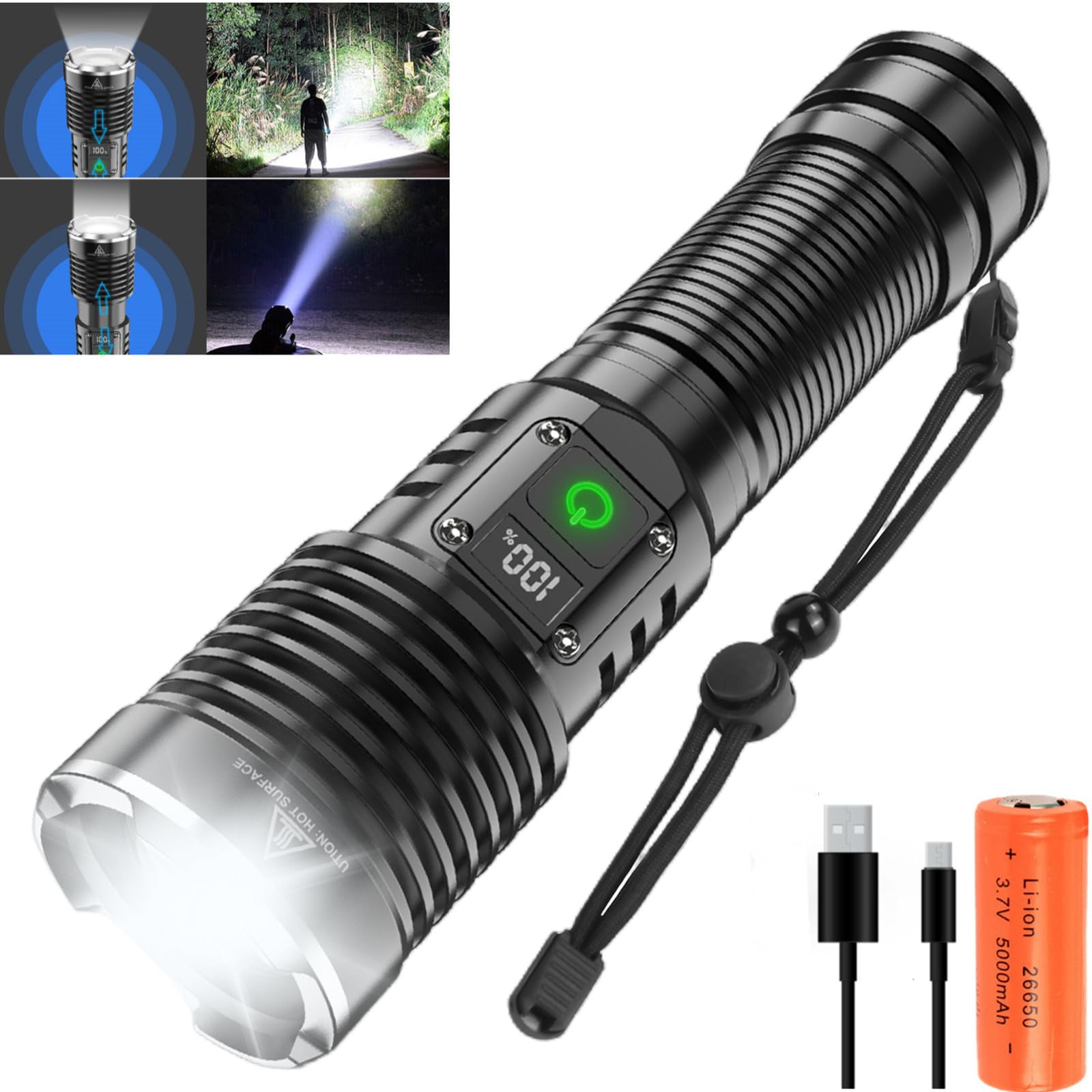 WindFire Torches LED Super Bright,Powerful Rechargeable Torch 600000 Lumens XHP70.2 Tactical LED Flashlight,5 Light Modes,Waterproof Zoomable USB Hand Torch for Walking Camping Emergency(M)