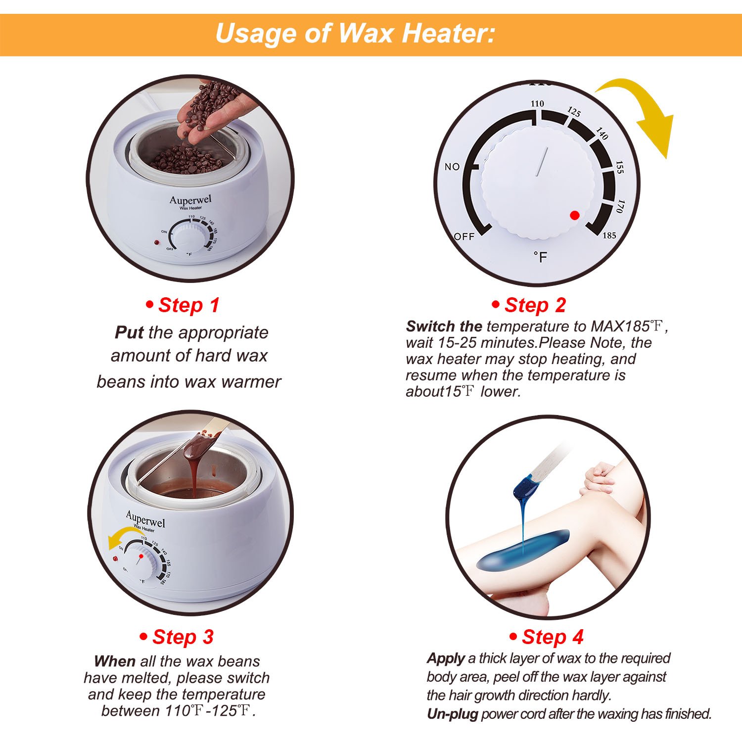 Auperwel Wax Warmer Waxing Kit - Hair Removal Hot Body Wax Heater Kit with 4 Hard Wax Beans 20 Waxing Spatulas (Hard Wax Kit)