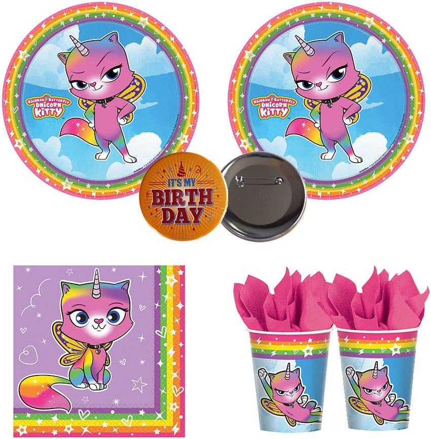 RDC Rainbow Butterfly Unicorn Kitty Birthday Party Supplies for 16 Guests - Small Plates, Napkins, Cups, Button