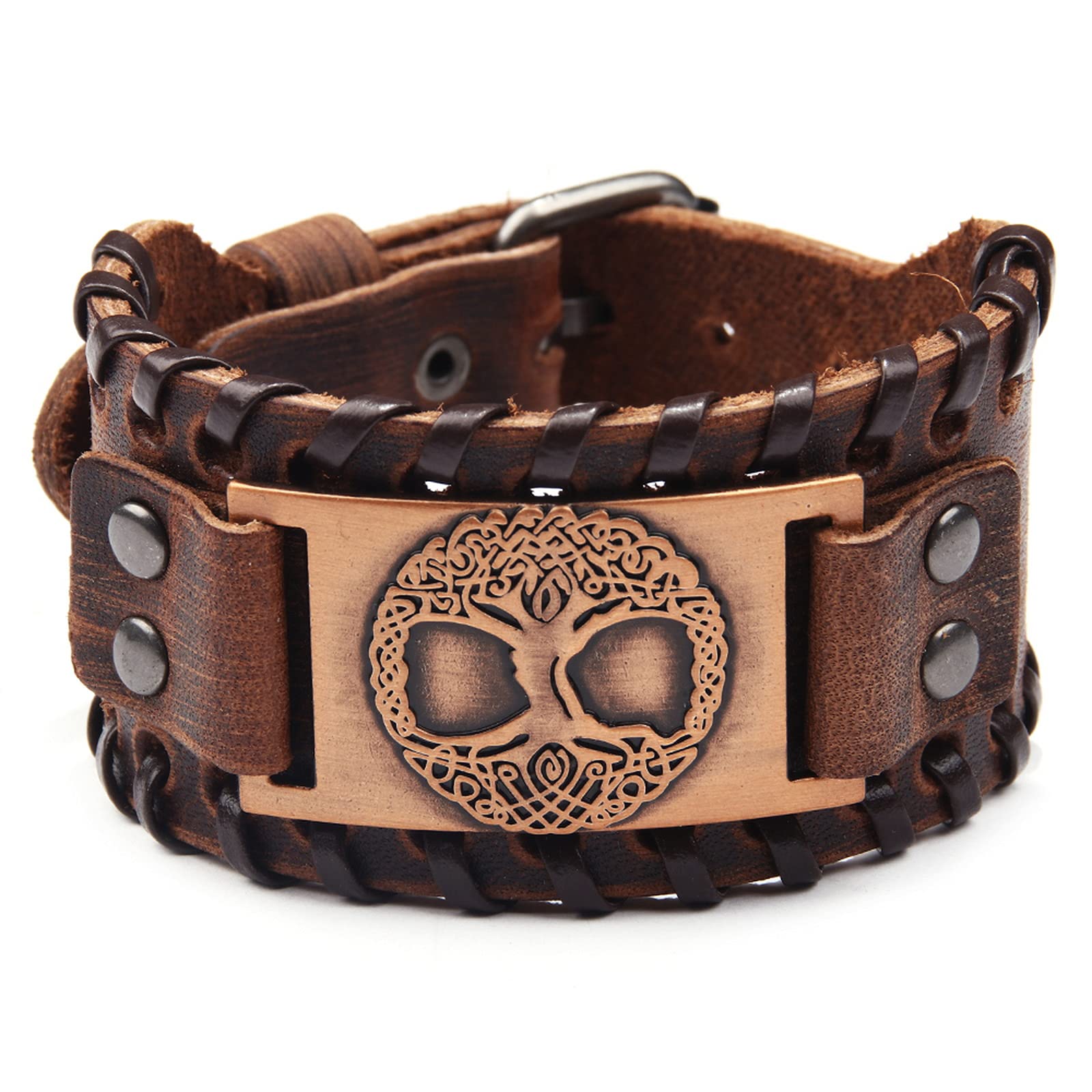 Viking Jewelry Tree of Life Amulet Brown Leather Wristband Bangle Bracelet for boy Men Costume Cosplay