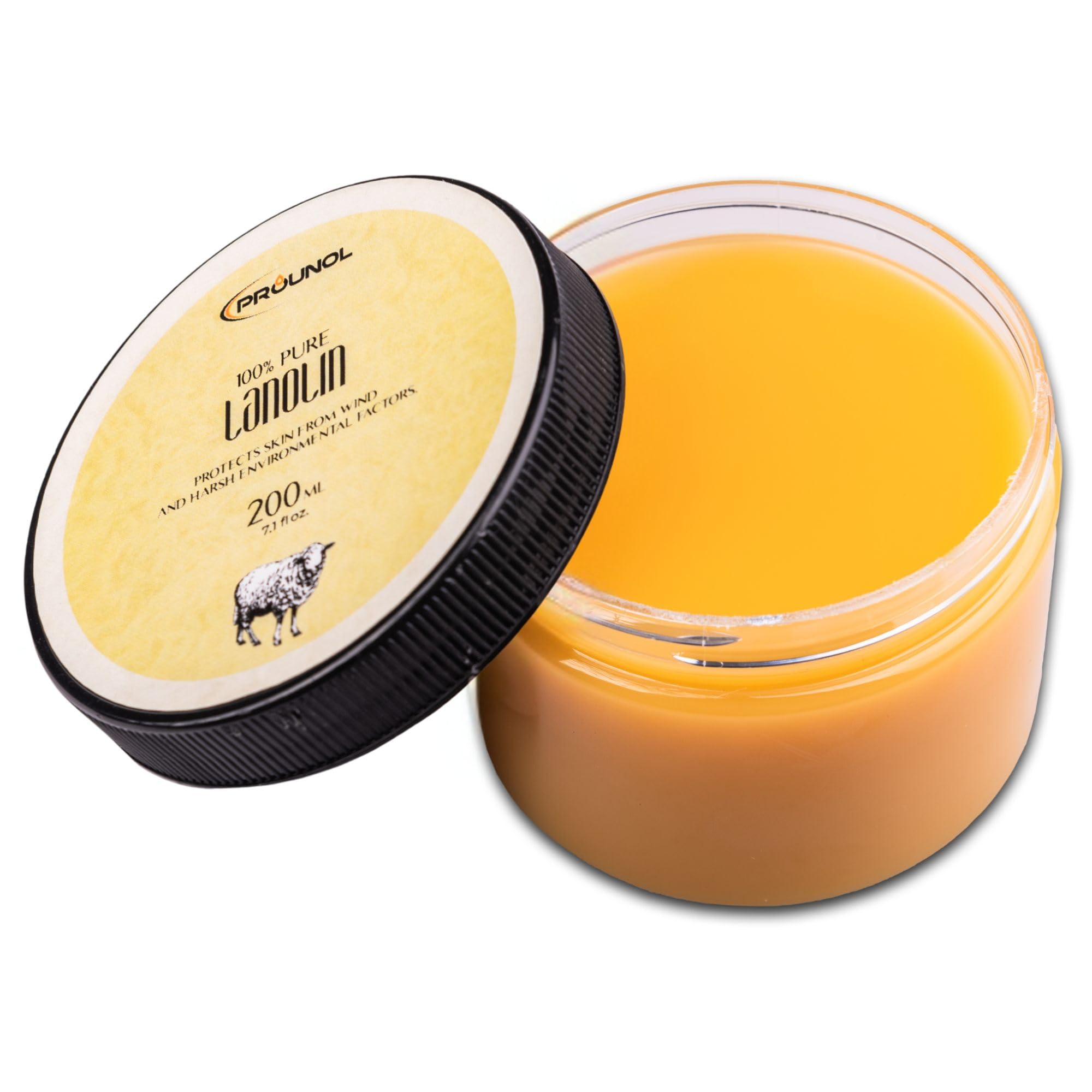 Prounol Lanolin Pure (Lanolin Anhydrous) 200ml - Pharmaceutical Purity - 100% Natural Cream for Hand and Foot Care, jar
