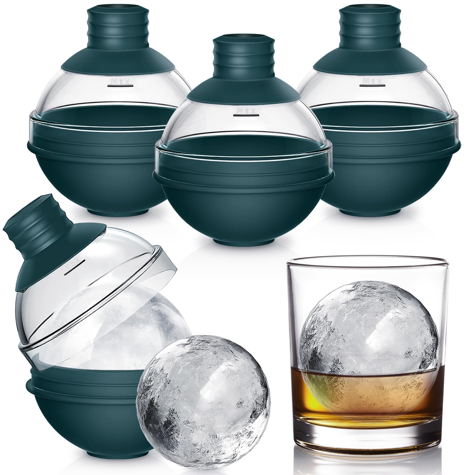 Large Ice Cube Moulds, 4 Pack Silicone Sphere Ice Ball Maker with 2-in-1 Funnel Lid, Reusable Round Ice Cube Moulds Easy to Pop Out, Prefect for Whiskey, Cocktails, Bourbon (Green)