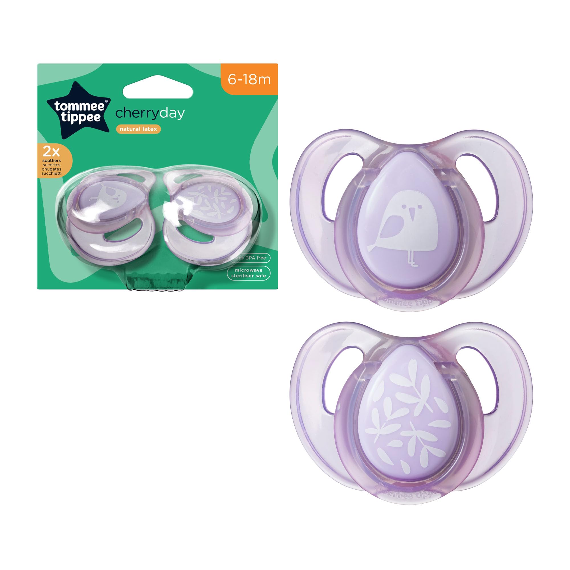 Tommee Tippee Every Day Essential Natural Latex Dummies, Round Cherry Shaped Teat, 6-18m, Symmetrical Design, BPA-Free, Pack of 2, Colours Vary