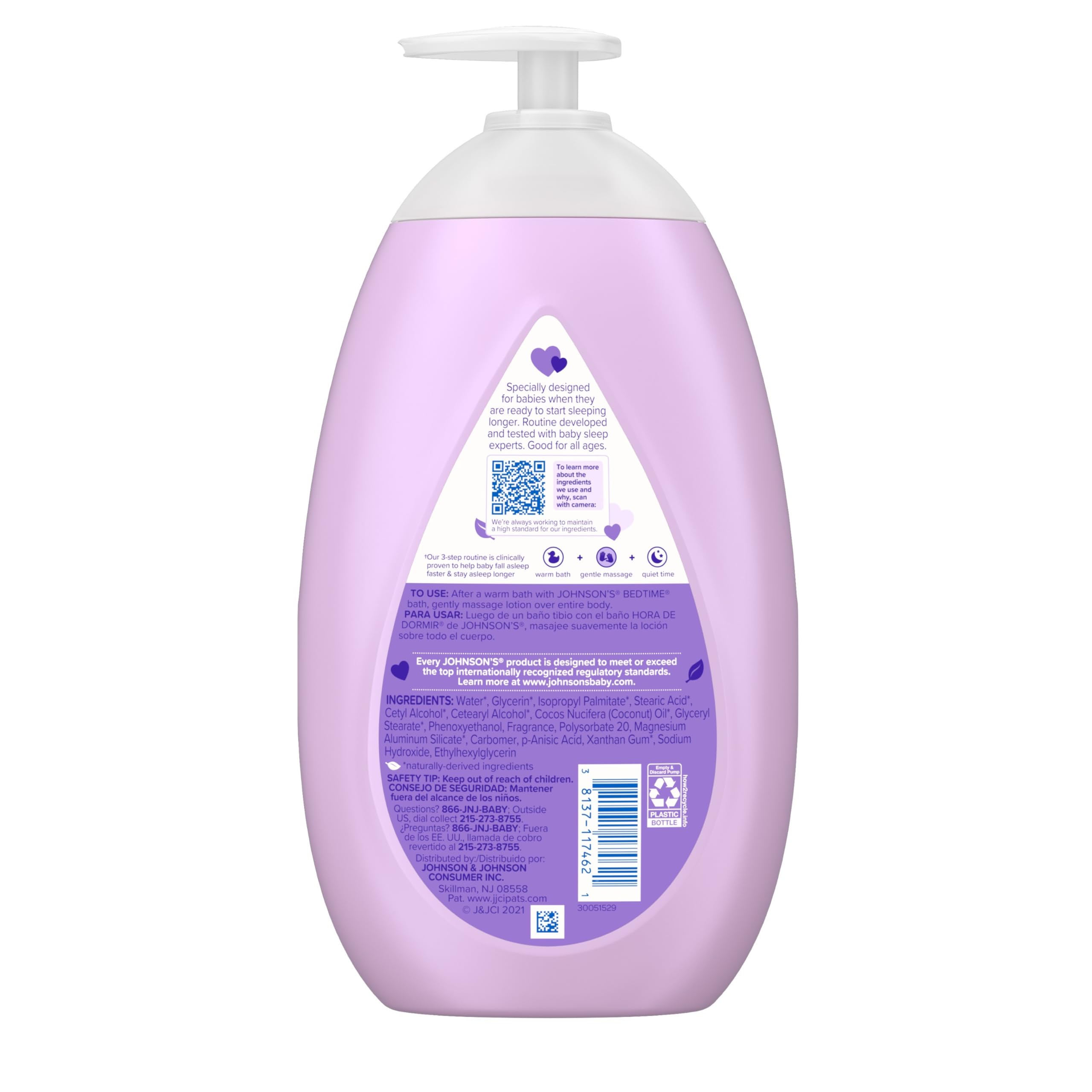 Johnson's Moisturizing Bedtime Baby Lotion with Coconut Oil & NaturalCalm Aromas to Help Relax Baby, Hypoallergenic & Free of Parabens, Phthalates & Dyes, Mild Baby Skin Care, 27.1 fl. oz