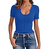 Prettywear Womens Short Sleeve T-Shirts Scoop Neck Ribbed Slim Fitted Top Summer Casual Basic Tee