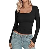 YOGINGO Womens Long Sleeve Shirt Square Neck Basic Slim Fit Tees Fall Y2k Going Out Crop Tops Cute Tight Shirts