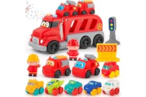 bessome Soft Rubber Cars Toy for 1 Year Old Boy 13 PCS Cartoon Cars with Trailor Baby Toys for 12-18 Months|Toddler Toys Age 1-2|First Birthday Gift for 1 2 3 Year Old Boy