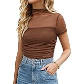 Jenbou Mesh Top Women Mock Turtleneck Short Sleeve Tops Ruched Sexy Going Out Outfit Shirts