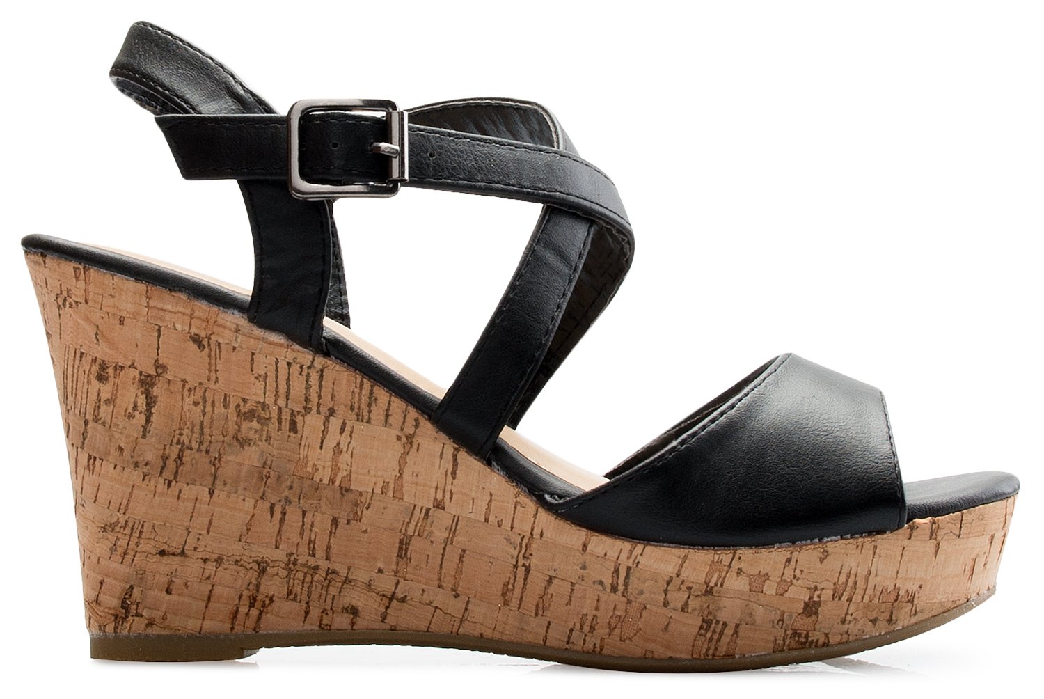 Olivia K Women's Open Toe Strappy Mid Wedge Heel Wood Decoration Buckle Shoes Sandals - Image 3