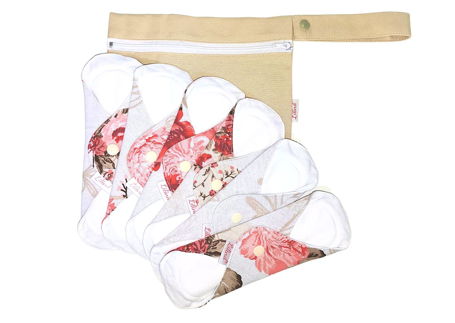 Lilind® Organic Cloth Pads, 20cm Regular, 6 Pack Starter Set, Free Zip Wet Bag, Reusable Waterproof Menstrual Sanitary Napkins, 100% Cotton, Red Peonies