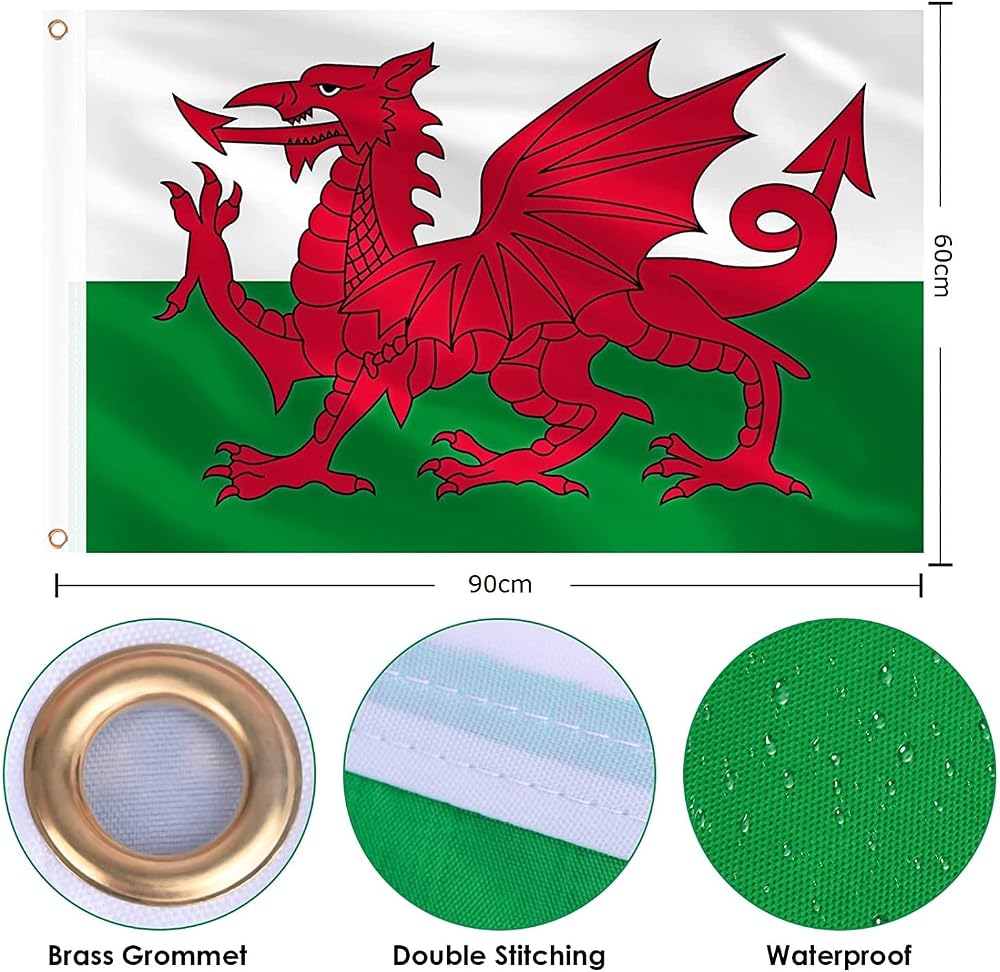 SHATCHI Welsh Flag 3x2 ft Wales Dragon Cymru Polyester Flag with Brass Eyelets
