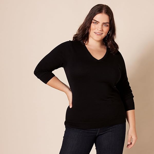 AMAZON ESSENTIALS WOMEN’S REGULAR-FIT LIGHTWEIGHT LONG-SLEEVE V-NECK SWEATER (AVAILABLE IN PLUS SIZE), BLACK, X-SMALL