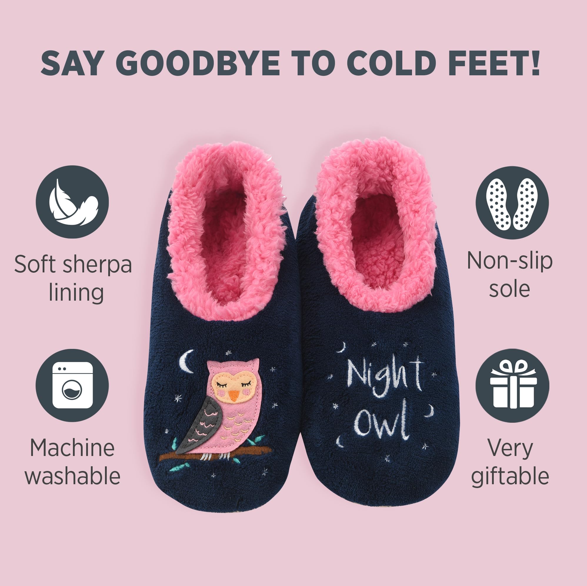 Snoozies Pairable Slipper Socks - Funny House Slippers for Women, Non-Slip Fuzzy Slipper Socks - Night Owl - Medium
