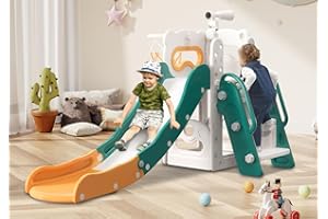 Babytronic Toddler Slide, 6 in 1 Kids Indoor Slide for Toddlers 1-3, Kids Playground for Indoor Outdoor with Basketball Hoop and Telescope, Indoor Outdoor Slide Playset (Green&Yellow)